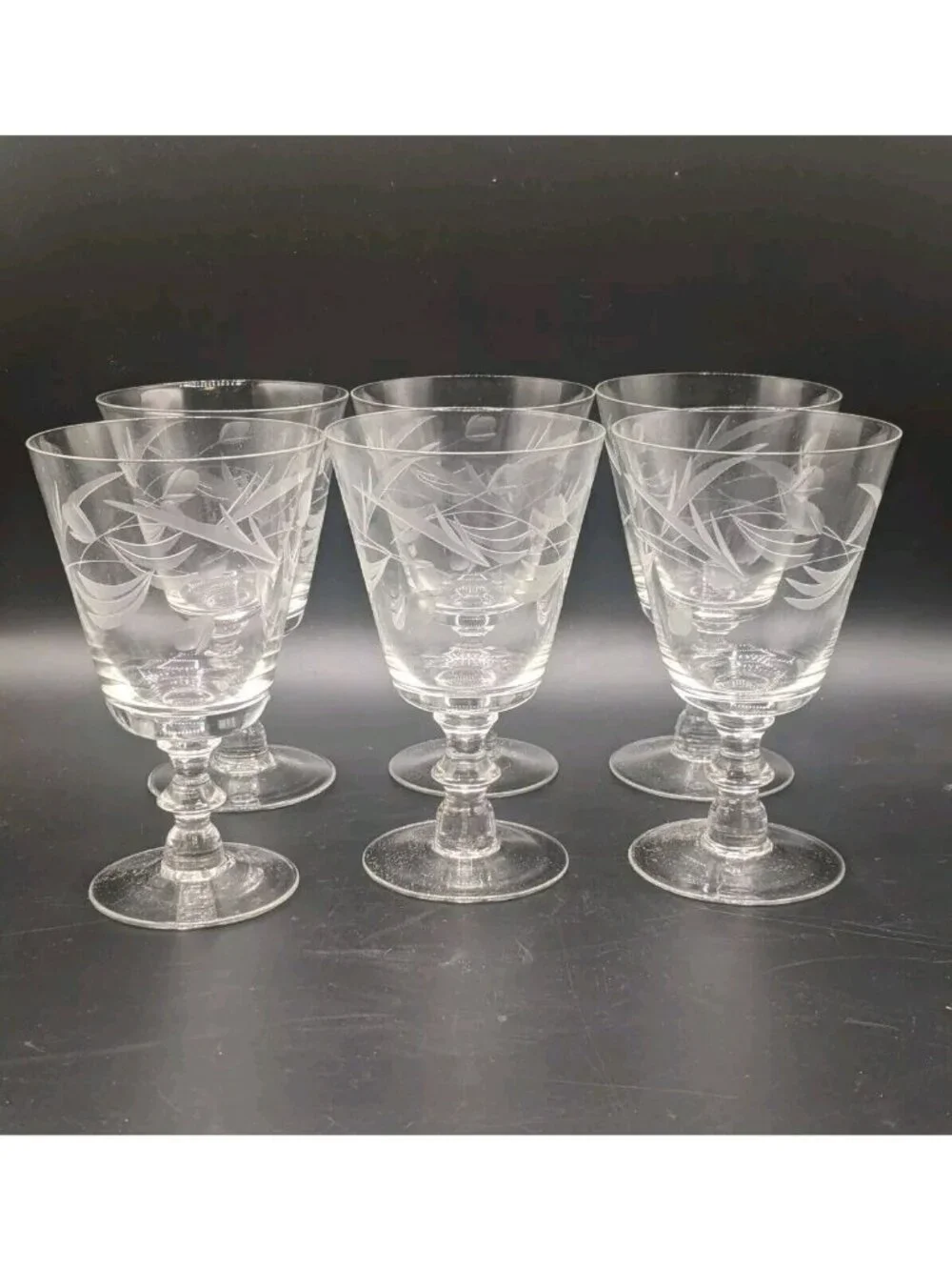 Vtg Etched Clear Glasses Set of 6 New Old Stock Goblet Water Wine 10 oz